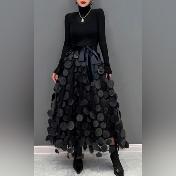 Coco Cache’ Boutique Dresses & Skirts - Elegant Polka Dot Tull Mesh Black 3D Patchwork A-Line Midi Skirt